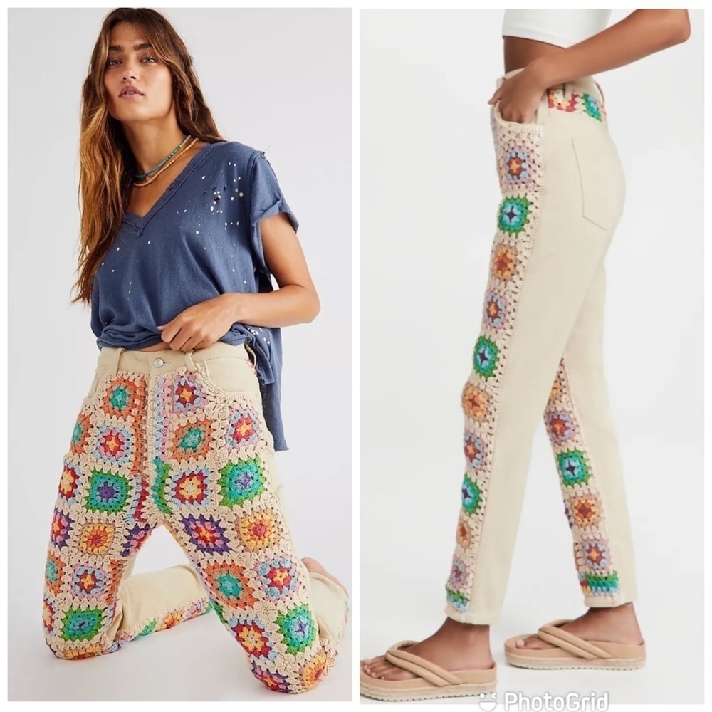 Free People Women’s Crochet Zuri Mom Jeans in Sedona Sunset New with Tags! - Picture 2 of 9